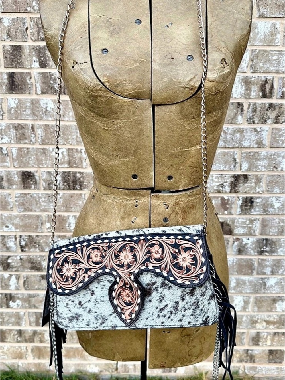 American Darling Hand-Tooled Floral & Cowhide Crossbody Bag with Western Fringes